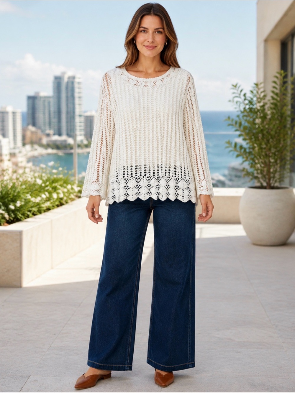 Croft & Barrow Ivory Crochet Tunic Top Built In Tank Large